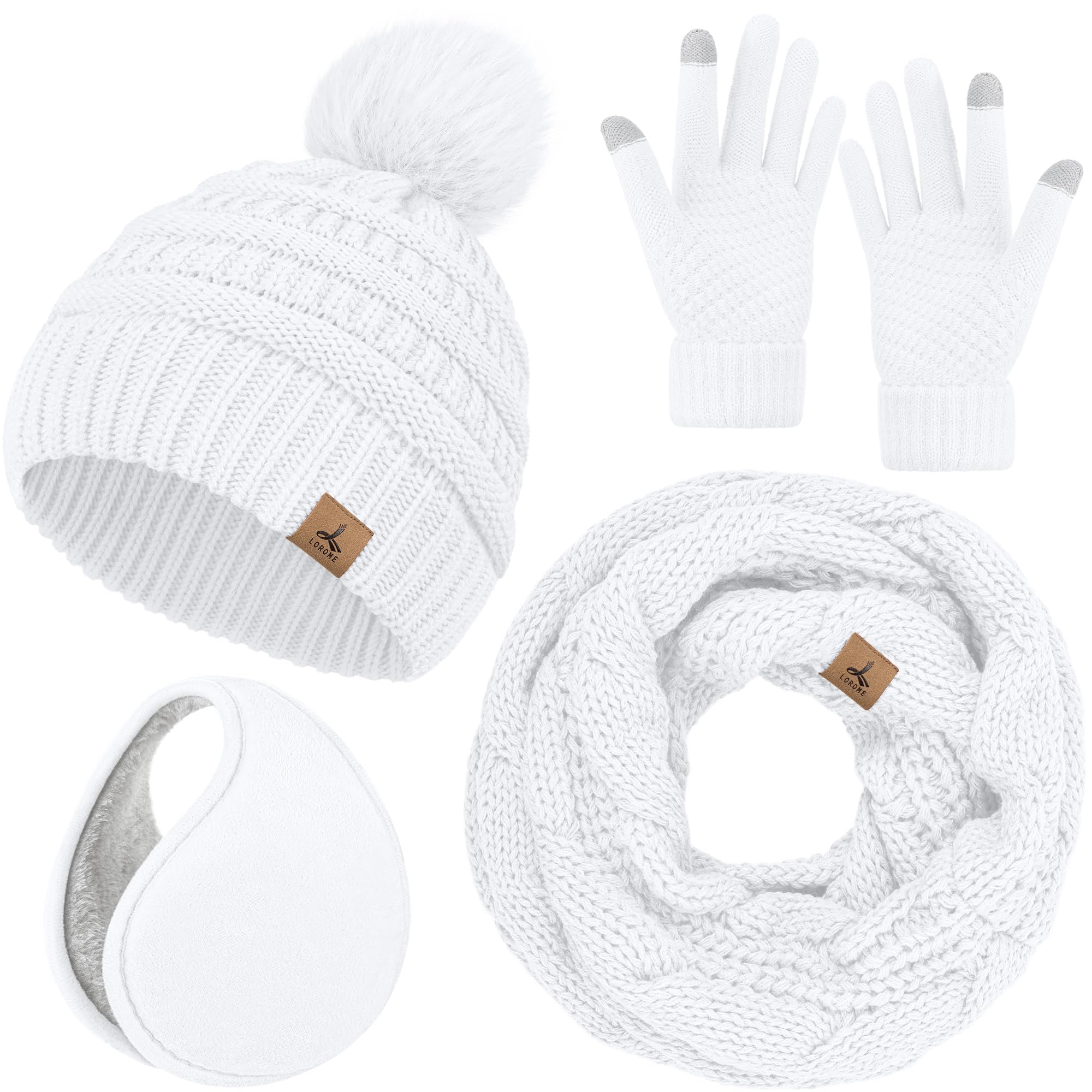 Winter Hat Scarf Gloves and Ear Warmer, Warm Knit Beanie Hat Touch Screen Gloves Set Winter Gifts Neck Scarves for Women